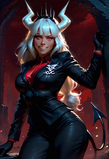 best quality, masterpiece, tixnenstyleIL-V1.0, semi-realistic, 1girl, solo, lucifer \(helltaker\), black suit, red necktie, black collared shirt, black gloves, blunt bangs, demon horns, demon girl, demon tail, sharp teeth, red eyes, white hair, long hair