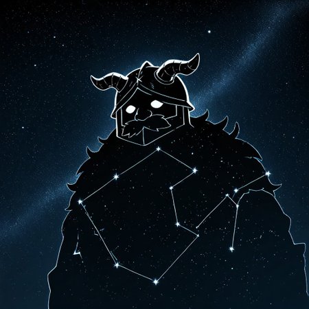 masterpiece, best quality, newest, absurdres, highres, anime, anime style, LSCV1.0, constellation, star (sky), starry sky, night sky, night, starry sky, no humans, silhouette, monochrome, 
Senshi \(dungeon_meshi\), dwarf, helmet, horns, horned helmet, fake horns,