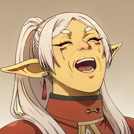 score_9, score_8_up, score_7_up masterpiece, best quality, newest, absurdres, highres, JJJlaughV1.1 laugh, head leaning back, open mouth, closed eyes, head leaned back, leaned back, 1girl, asian, asian female, elf, elf girl, pointy ears, long hair, yellow skin, blonde hair, golden colored skin, kimono, red kimono, ponytail long ponytail, high taied ponytail, makeup, mascara,