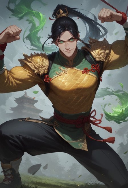score_9, score_8_up, score_7_up, BREAK source_anime, source_cartoon, 1boy, happy, wide smile, ((expressive)), (((((chinese fighting pose)))), thin chin, solo, detailed face, detailed eyes, (Green eyes), white skin, black hair tied up, man with hair tied up, ((long hair)) (ponytail), ((glowing enery)), very muscular man, muscular chest, broad shoulders, Chinese combat attire, green Chinese clothing, golden sleeves, (((golden scale pattern))), loose black pants, red rope belt 
BREAK
(((green fire in hands))), (flaming gauntlets in hands), green flaming eyes),
outside, grass, trees, flying leafs