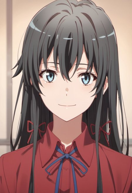 score_9, score_8_up, score_7_up, source_anime, yukinoshita yukino, long hair, black hair, blue eyes, 1girl, solo, shirt, ribbon, hair ribbon, smile, red shirt, collared shirt, red ribbon, looking at viewer, hair between eyes