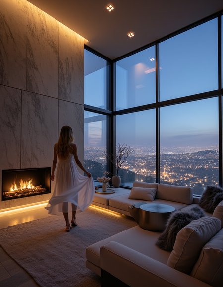 A serene yet captivating cinematic scene of a woman gracefully walking through her modern living room. She wears a flowing white dress, its fabric moving gently as she walks, accentuating her elegance. Her long, blonde hair cascades down her back, catching the soft, ambient light from the large windows that dominate one side of the room.
The living room is sleek and modern, with clean lines and minimalist furnishings. A fireplace set into a polished stone wall adds warmth to the scene, its soft, flickering light casting subtle shadows across the room. The windows offer a panoramic view of a sprawling cityscape at night, the buildings illuminated with countless twinkling lights that create a dramatic backdrop.
The space is styled with a neutral color paletteâgrays, whites, and soft beigesâenhanced by metallic accents like a brushed steel coffee table and gold fixtures. A low-profile sofa faces the fireplace, with a plush area rug beneath it adding texture. Modern art hangs on the walls, and small touches like a sleek vase with fresh flowers add personality to the space.
The atmosphere is intimate and cinematic, with warm lighting from the fireplace blending with the cool, diffuse glow from the city lights. The contrast creates a sense of depth and highlights the tranquil yet dynamic mood of the scene.
 <lora:iphone-dev-6:1> iphone photo