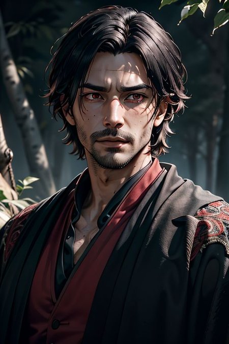 Master piece, highest quality, highest possible OverallDetail, semirealistic, red eyes,
Create an elder of a demonic sect.
The character looks like he is in his late twenties or early thirties. He is handsome.
He has black shoulder-length shaggy hair. 
His outer robe is black and the inner robe is dark red. 
His eyes are dark red. Detailed face. Red robe.
He meditates in nature.