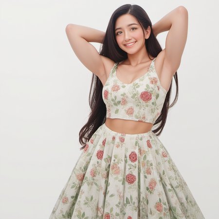 score_9, score_8_up, score_7_up, score_6_up,
<lora:Lehenga choli for Pony_epoch_3:0.65> lehenga_choli, dress,  floral print, midriff,  arms behind head, 
8k UHD anime art, (best quality, masterpiece, perfect face, beautiful and aesthetic:1.2, colorful, detailed, highest detailed face),
1girl, (warm smile, blush), lips, shimmering eyes, bright eyes, collarbone, green eyes,  black hair, very long hair, muscular female, 
medium breasts, green cloths, cowboy shot, 
white background, 
solo, solo focus,
<lora:add-detail-xl:1>
<lora:extremely_detailed:0.25> extremely detailed