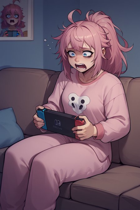 score_9, score_8_up,  <lora:felicia-fe-richy-v1_xl:1> feliciarnd, pink hair, ponytail, blue eyes, pink pajamas, sitting, messy hair, ahoge, screaming, sleepy, bags under eyes, couch, nintendo switch