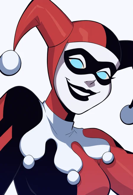 score_9, score_8_up, score_7_up, score_6_up, score_5_up, score_4_up, BREAK source_cartoon,
1girl, hq1992, domino mask, jester cap, blue eyes, no pupils, black lips, black and red bodysuit,
smile, upper body, looking at viewer, solo, simple background, white background,    <lora:HQ1992XL:1>