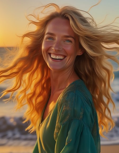 A woman with long, flowing golden blonde hair, her blue-green eyes sparkling with joy. Sheâs standing on a beach at sunset, the wind catching her hair and the waves gently lapping at her feet, her laughter echoing in the warm evening air. <lora:usual-portrait-v2:1>