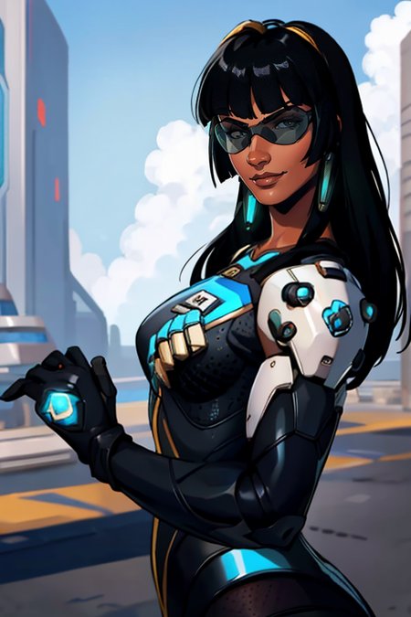 masterpiece,best quality,extreme detail,8k,image sharpness,<lora:Symmetra:0.8>, symmetra2,1girl,solo,long hair,looking at viewer,smile,bangs,black hair,gloves,upper body,blunt bangs,blurry,parody,sunglasses,science fiction,