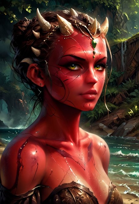 Dathomirian Zabrak alien, small white horns, red skin, Luminous eyes looks at the camera, 
Beautiful picture of the character, character portrait, character portrait, 🤤  character art, epic portrait illustration, Details character portrait, neo-artcore and high quality portrait, fantasy concept art portrait, detailed matte fantasy portrait, charlie bowater art style, Detailed beautiful portrait, fantasy art portrait, mythp0rt
oil painting, dark, chiaroscuro, low-key