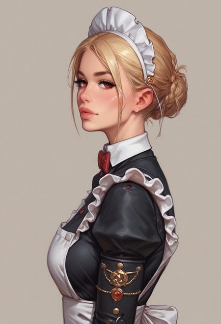 from front, (((side view))), 1girl, illustration, comic style, looking at viewer, highly detailed,
RosieTJ, 1girl, robot girl, metal body, red eyes, red buttons, wheels, white maid cap, white collar, white cuffs, white hip apron, black skirt, female
((full-clothed)), 
BREAK 
dynamic pose <lora:Cherry-Gig:0.55> ((((full-clothed)))), 
BREAK
((rest room background))) score_9, score_8_up, score_7_up, score_6_up, source_cartoon, rating_explicit, Expressiveh, (((((upper body))))), dynamic pose