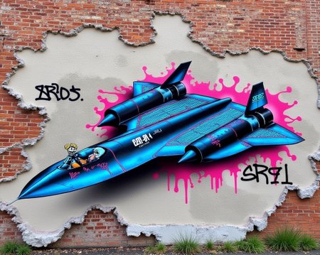 <lora:sr-71-blackbird-flux-d:1.6> SR-71_Blackbird
A bold graffiti mural of the SR-71_Blackbird stretches across a crumbling brick wall, its silhouette outlined in neon spray paint and stylized with jagged abstract flames. Vibrant colors clash and drip around the jet’s form — cyan, magenta, black and chrome. Tags and stencils surround the image, and a cartoon skull in a pilot’s helmet grins from the cockpit. Captured with a handheld tilt, the camera frames it like an underground street photography shot. Energetic, rebellious, and raw.
 <lora:zy_Realism_Enhancer_v2:1.5> depth of field