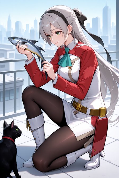masterpiece, best quality, 1girl, solo,  <lora:elie-illu-nvwls-v1-000006:1> zrelie, grey hair, long hair, half updo, green eyes, black hairband, hair ribbon, white and red uniform, white dress, aqua ascot, brown belt, black pantyhose, white boots, black cat, from side, rooftop, city, looking at cat, smile, on one knee, holding fish, railing, happy