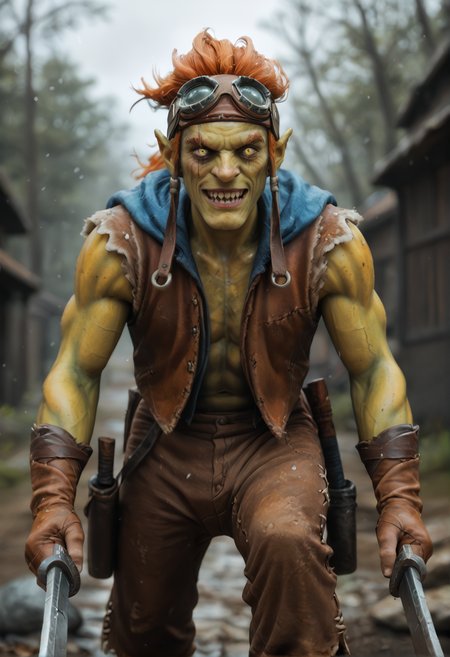<lora:batrider_v3:0.8> batrider_v3
1boy, yellow skin, green skin, green legs, green face,
pointy ears,
colored skin,
teeth, sharp teeth,
orange hair,
yellow eye, scar on eye,
gloves, goggles, goggles on head,,  brown long shorts, score_9, score_8_up, score_7_up, score_6_up, derpibooru_p_95,
detailed eyes, beautiful, detailed background, perfect eyes,
blur censor, blurry, blurry background, blurry foreground, bokeh, motion blur,
chromatic aberration, depth of field, figure, focused,  focus
photography, realistic sun light and shadows, photorealism, UHD --ar 9:16 --style raw --stylize 700,
solo,
winter, A group of Viking warriors is battling a LoRa .  The warriors, dressed in fur and leather, are attacking the giant with swords and axes.  more giants looming in the distance.the background is filled with ice and snow,, The scene is dynamic and filled with motion,