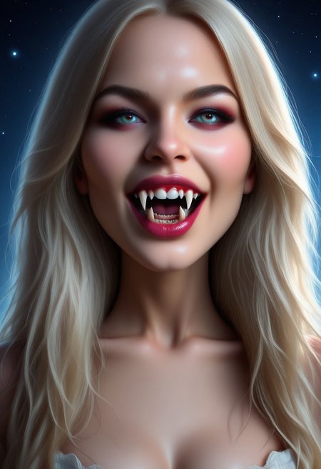 concept art, realistic, 1girl, ((solo:1.8)), 18 years old.
Gorgeous sexy female. Beautiful feminine face, 
VampFang, Fangs