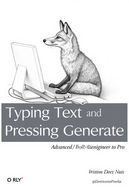The image is a digital drawing of a fox typing on a computer keyboard, rendered in grayscale pencil strokes, with subtle shading and texture details that give the drawing a realistic look, on a plain white background. A grey rectangle spans the middle of the image, containing the word "Typing Text and Pressing Generate" in bold, capitalized white text. The word "Advanced" is written above the bar in smaller, bold text. Below the grey rectangle, the phrase "From Beginner to Pro" is written. Below that is the author's name "Deez Nuts"