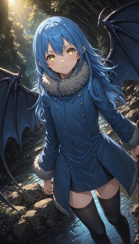 tsepmet_urumir_xl, rimuru tempest, wings, long hair, blue hair, solo, hair between eyes, fur trim, fur collar, fur trimmed jacket, looking at viewer, demon wings,
along a winding riverbank, depth of field, dutch angle, from below,
intricate detail, cinematic lighting, amazing quality, amazing shading, detailed Illustration, official artwork, wallpaper, official art, black thighhighs, thigh gap,
(masterpiece, best quality:1.2), extremely detailed eyes and face, beautiful detailed eyes, yellow eyes,
<lora:Rimuru_Tempest_Character_XL:1>
<lora:IOS_Iridescent_opal_style:0.6>