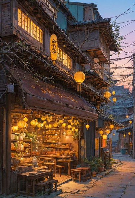 A cozy, small traditional Korean shop illuminated warmly at dusk, surrounded by a large, intricate tree with branches sprawling across the scene. The shop has wooden panels and shelves filled with various goods, and a soft yellow glow emanates from its windows and lanterns. Outside, there are a few stools and tables under the tree, scattered leaves, and soft lighting creating a serene and nostalgic atmosphere. Overhead, electrical wires crisscross the sky, adding depth and realism. The environment is peaceful, with a blend of natural and urban elements harmonizing beautifully.. (anime, cyberpunk, Moebius (Jean Giraud) Style page), (high contrast:1.1)