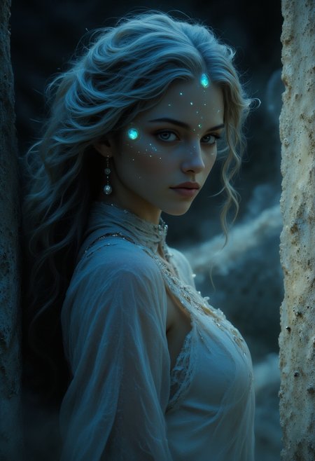 Gorgeous Galactic, Ethereal female figure with luminescent alabaster skin that seems to capture and reflect moonlight like living opal, impossibly large iridescent eyes that shimmer with an otherworldly sapphire glow. Delicate features framed by flowing platinum-white hair that moves like silk in the night breeze. Petite yet graceful form draped in diaphanous robes that blend with the mist. Standing before ancient weathered stone walls, her presence bridges the mortal and spirit realms. Hyperrealistic digital painting, mystical atmosphere, moonlit night, volumetric fog, cinematic lighting.