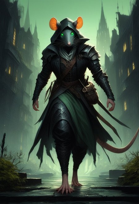 BREAK score_9, score_8_up, score_7_up,  victorian city, night, ominous, solo,  rat man, black longcoat, wearing goggles, green glow eyes, hood, dynamic pose, leaning forward, fully body shot , leather armour, sneaking, full body shot, (tail: 1.5)
(masterpiece, best quality, ultra detailed, intricate details:1.2), (detailed face:1.1), (rat folk:1.5)