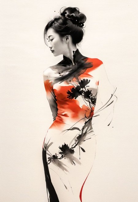Double exposure, graceful feminine silhouette shape, bold sumi-e black ink brushstrokes defining form, sweeping dynamic lines, negative space integrated, minimal color accents of red and burnt sienna, elegant Asian style