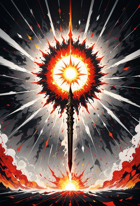 masterpiece, high res, 16K, wallpaper, artstation, pixel perfect, extremely detailed, top quality, best quality, official art, colorful, sun explosion, biblically accurate angel, burning golden spear, wide shot, lights, lines, (minimalism style, abstract expressionism style:1.3), red black white colors