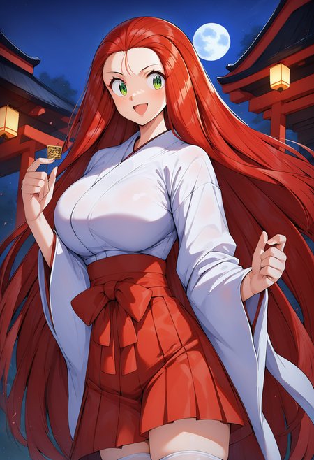 1girl, cowboy shot, large breasts, (outdoors:1.2), (night:1.2), (moon:1.2), smile, open mouth
mikami, green eyes, red hair, long hair, forehead, japanese clothes, long sleeves, miko, hakama skirt, red hakama, white thighhighs, <lora:mikami_reiko_pony_ver1:0.7>, score_9, score_8_up, score_7_up, BREAK source_anime, best quality, masterpiece, uncensored, solo,