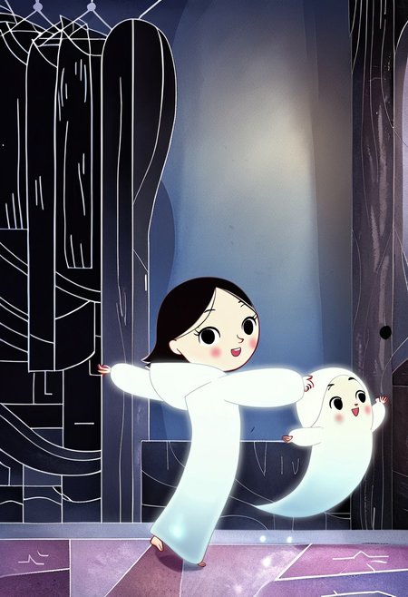 zPDXL3, source_cartoon, Perfect Hands, full body,
1girl, solo, aged down, bedroom, looking at viewer, saoirse, black hair, black eyes, blush, ghost, hood up, robe, barefoot, glowing, dancing on bed, from behind, facing at viewer, feeling cold, eyes open, smile, open mouth, sleeve past wrist, slim body, highlight cloth wrinkle, anime style, kicking, jumping,
<lora:Perfect Hands:1>  <lora:Saoirse_-_The_Song_of_the_Sea-000009:1>