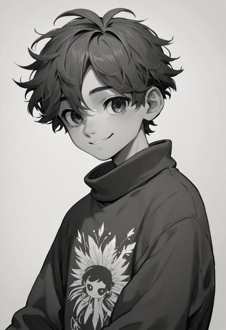 score_9, score_8_up, score_7_up, 1boy, solo, lineart, monochrome, lineart, LineAniAF, young man, short hair, hair strands, cheerful smile, big oversized sweater, black sweater,  masterpiece, best quality <lora:animeoutlineV4_16:1>