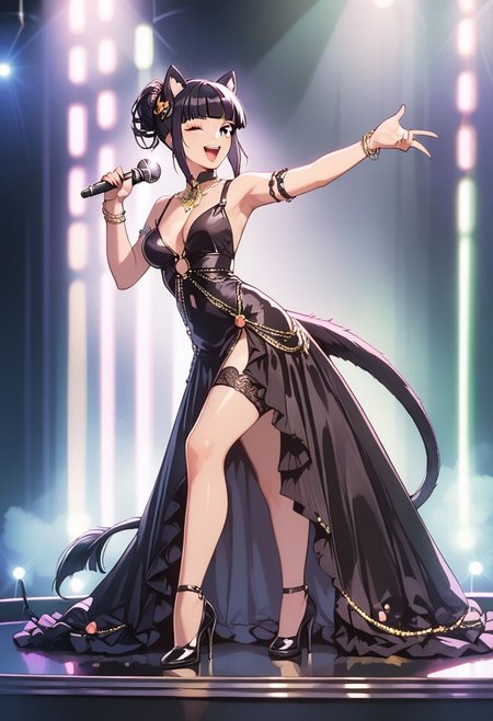 score_9, score_8_up, score_7_up, score_6_up, 
1girl, solo girl, black hair, fringe cut, pontail hairstyle, full body,
medium breast, hour glass figure, milf, milf body
idol dress, black idol dress, 
on stage, holding microphone, looking at viewer, singing, wink, winking
cyberpunk lights, neon signs,
