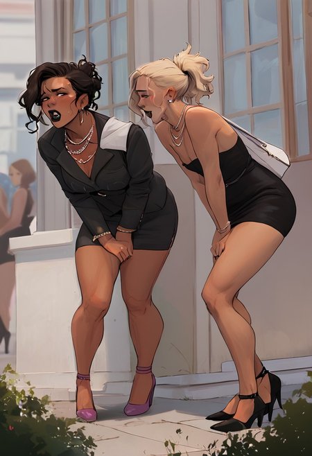score_9, score_8_up, milf, 2 lesbians on a date, touching her girfriend belly, desperate, on a crowded street, standing in queue to porta-potty, desperation, crossed legs, bent over, holding crotch , toned female, messy ponytail, side locks,multiple women,  bag on shoulder,tight clothing, black short dress, high heels, multiple necklace,feminine face,(source_anime:0.4), (tan skin:1.3), dark lipstick