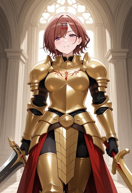 1girl, Higuchi Madoka idolmaster shiny colors, full armor, gilgamesh armor, proud smile, medium breasts, hairclip, holding great lancer sword, Indoors, outdoors, blush, looking at viewer, masterpiece, best quality, amazing quality, newest, absurdres, highres, high detailed, masterpiece, best quality, amazing quality, newest, absurdres, highres, high detailed