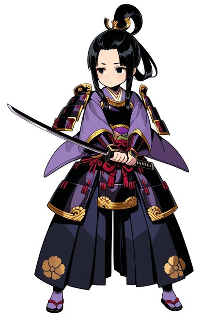masterpiece, best quality, very aesthetic, absurdres, 
full body, solo, 1girl, kira \(fantasica\), samurai, 
black eyes, black hair, long hair, long sidelocks, ponytail, hair rings, forehead, 
japanese armor, black armor, gold trim, japanese clothes, dou, sode, purple kimono, kurokote, obi, kusazuri, blue tabi, sandals, zouri, dark blue hakama pants, pants tucked in, 
two-handed, katana, 
looking to the side, standing, legs apart, closed mouth, expressionless, 
white background,