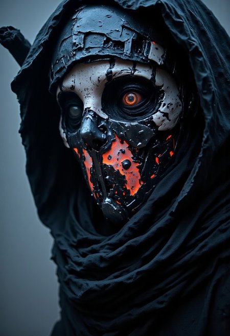 The close-up reveals the terrifying face of a cyborg ninja, an intricate fusion of organic beauty and cold, mechanical perfection. Her face is framed by a sleek, polished helmet that partially covers her features, leaving only the lower half exposed. The exposed skin on her face is pale, almost ghostly, a stark contrast to the sophisticated mechanical enhancements that have replaced much of her body. Her left cheek and jawline are adorned with sharp, angular plates, seamlessly molded to her skin, their surface gleaming with a dark metallic sheen. Intricate circuit patterns snake down her neck, glowing faintly with pulses of electric energy that flicker like veins of lightning beneath the surface. The right side of her face is a chilling display of cybernetic mastery, where human flesh gives way to gleaming, polished steel and chrome. Her eye is encased in a dark, reflective visor, surrounded by a framework of sleek, geometric metal. The visor occasionally flickers with a deep amber glow, a direct connection to her augmented senses. The edges of the metal frame are adorned with fine micro-gears and minute, complex mechanisms that hum with energy, a silent reminder of the technological power running through her body. nelisty, dystujo, nelisty, enistyle