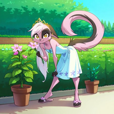 1girl,solo,furry,pink fur,tail,ears,source_furry,
,<lora:Viriathus_Vayu_illustrious:0.8>,
masterpiece, child, kid, 
masterpiece, best quality,  long hair, sidelocks,  gold tiara, earrings, sundress, spaghetti straps, leaning forward, sandals, looking at viewer,, smile, holding flowers, garden, flower pot