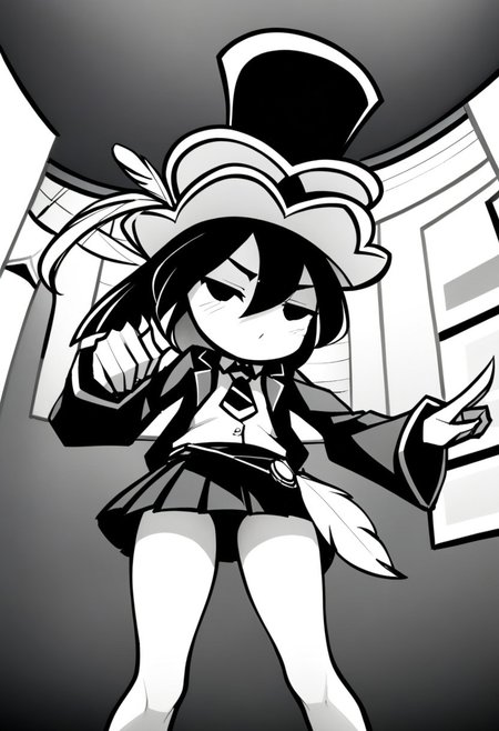 masterpiece, best quality, LITERALHAT'S MONOCHROME ART, 1girl,Black hair, Black eyes, Cartoon, Tophat, Black skirt, Black jacket, Monochrome, Black, White, Feather