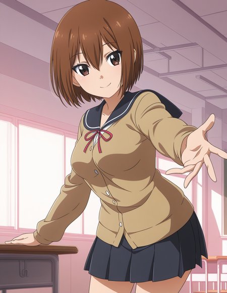 1girl, solo, takamiya nasuno, brown hair, short hair, hair between eyes, brown eyes, smile, medium breasts, school uniform, brown cardigan, long sleeves, sailor collar, neck ribbon, pleated skirt, outstretched hand, cowboy shot, indoors, classroom, anime coloring, light theme <lora:takamiya_nasuno_ilxl_v1:0.8>