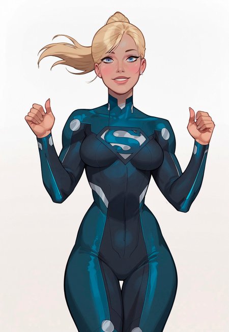 safe_pos, score_9, score_8_up,score_7_up, score_6_up, masterpiece, best quality, supergirl,large breasts,ponytail,krypton suit, krypton bodysuit, ,from front,standing, sexy pose, smile,white background,massive glutes, blue superman logo,thicc,blue eyes,perfect body, looking at viewer ,perfect eyes, detailed eyes