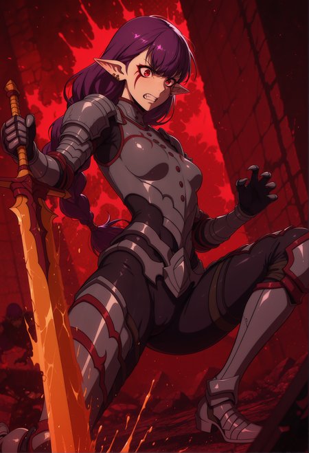 rating_explicit, nsfw, souleaterstyle, masterpiece, best quality, amazing quality, breathtaking attention to detail, 8K, absurdres, highres, ultra detail, high contrast, BREAK, 1girl, (fullbody:1.2), single braid, long hair, purple hair, red eyes, facial mark, pointy ears, earrings, long hair, black bodysuit, red trim, buttons, grey armor, sword, blue elbow pads, gauntlets, greaves, detailed skin, small_breasts, (detailed character design), 1demon, Splatter, Halftone_background, Split-Complementary _Colors, fighting against demon, angry, blurry, cinematic, action_pose, dynamic angle