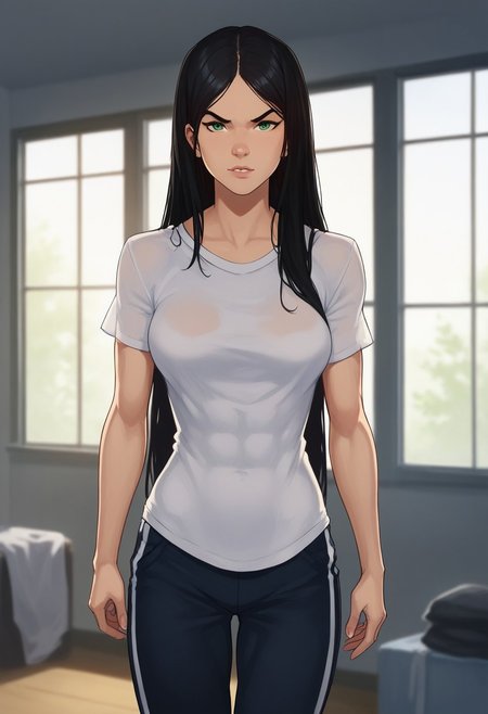 laura kinney, 1girl, muscular ,solo, black hair, very long hair, black hair,  straight hair,pale skin, green eyes, athletic girl, skinny muscular girl, looking at viewer, , perfect legs,score_9, score_8_up, score_8, 1girl, solo, looking at viewer, wide track pants,loose pants, oversized t-shirt, oversized trousers, loose t-shirt, oversize,
cartoon of amraql, , best quality,
1girl, sexy girl,
perfect medium breasts, parted lips