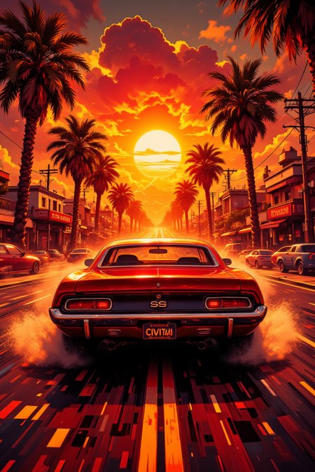 pinhole photography. Dutch angle cinematic shot of a cherry red muscle car from the 1970s cruising at speed onto a majestic reddish sunset. The road reflects the bright orangish glow of the sun on the drenched asphalt, and palm trees line its sides. Bright yellows and reds reflect on the car's body and highlight its fast moving silhouette. Pinkish clouds adorn the vast expanse of the horizon, creating depth and perspective in this energetic composition. The car's license plate has the text "CIVITAI".,aidmafluxpro1.1
