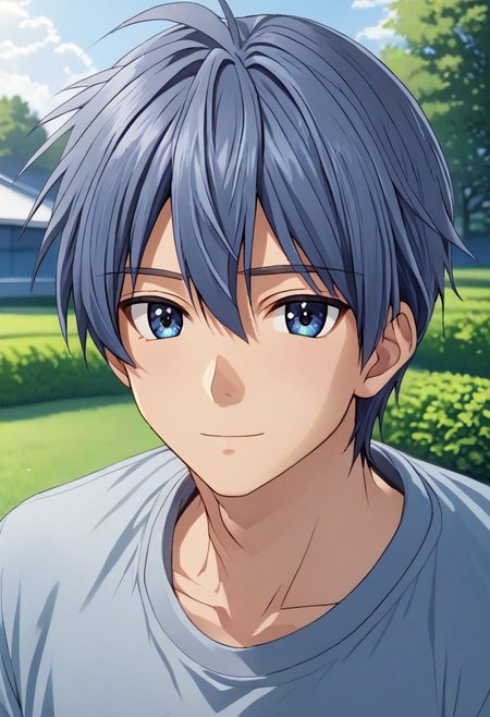 high resolution, solo, best quality, 1Boy, Tomoya Okazaki, Grey Blue Hair, Looking at viewer, happiness, depth of field, half body, outdoor, OverallDetail