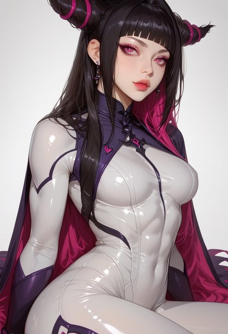 Expressiveh, morimee_style, jsyu_style, 2025. 03, 
(1girl, solo), masterpiece, best quality, newest, absurdres, highres, bodysuit, white bodysuit, han juri /(street_fighter/), two-tone hair, black hair, multicolored hair, hair horns, asymmetrical bangs, abs