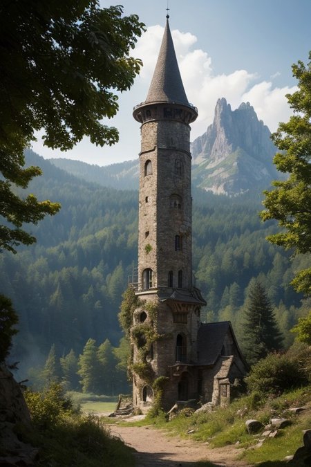 realistic analog photo, award winning photo, vary wide shot of magic stone witow tower:1.3, (Military watchtower), scenery,  fantasy, Mountain top, path, nature, outdoors, RAW, highres, 8k, uhd, High Dynamic Range, tonemapping, crisp details,