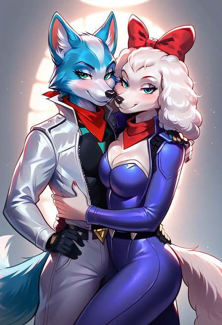 score_9, score_8_up, score_7_up, score_6_up, score_5_up, highest quality, detailed, great lighting, beautiful, masterpiece, 4k, clean, crisp, cinematic, 2girls, duo,
BREAK
Krystal_StarFox, blue fur, anthro fox, fox girl, white muzzle, blue hair, blue jumpsuit,
BREAK
Fay sinclair, white fur anthro poodle, cocker spaniel, dog girl, flufy ears, teal jumpsuit, red neckerchief,
BREAK
embrace, hug, standing, anthro, curvy, clothed, open jacket, looking at viewer, bedroom eyes, seductive look, side by side, smile, equal height