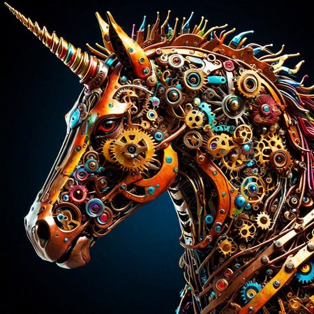 sfw,  dynamic splashes, bright colors, high contrast,  closeup of a  cybernetic unicorn made of roast gears with colourful metal , hyperdetailed, photorealistic,<lora:challenge\gearstyle-000001.safetensors:0.8500000000000002:0.8500000000000002>