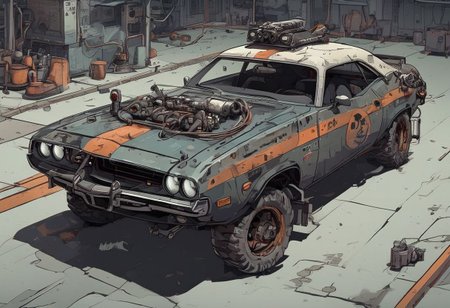 Old white Dodge challenger 1970 in very dark night cyberpunk sci-fi garage, sci-fi 70s,in style Pacific Drive car, in style DMC Deloren from  Back to the future, patches, radar on the car roof, glowing fluorescent hoses, retro cassette futurism 70s, fluorescent wires and modules and devices and gadgets 70s,  style of ghostbusters technology, radioactive glowing hose and tubes,  spacepunk dieselpunk atmosphere, frostpunk colors, cyberpunk 2077 car,  (masterpiece:1.2, best quality), Graphic details, perfect design, very dark black night cyberpunk background, glowing cloning vats inside car
Scrapbuilt