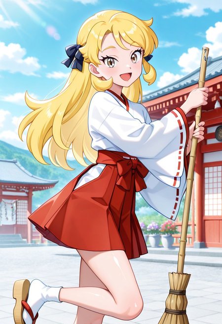 masterpiece, best quality, amazing quality, very aesthetic, absurdres, newest,shiny skin anime screenshot <lora:CynthiaJourneys:1>cynjourney, 1girl, blonde hair, long hair, ribbon, grey eyes, miko-cosplay, smile, hair ribbon, eyelashes looking at viewer,   white socks,  flowers, holding broom,  open mouth,