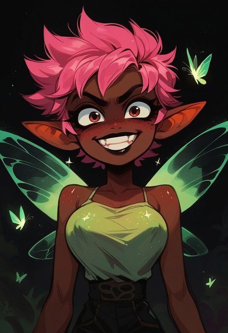 score_9, score_8_up, score_7_up, NLSTN, confident, solo, (big lips:0.8), sassy, 1girl, boyish, skinny, tomboy, fairy, fairy wings, pointed ears, light pink hair, dark skin, fantasy, big eyes, glitter, sparkly, large breasts,  punk, nipple bulge, grin, dark lips,  close up, big grin, big mouth