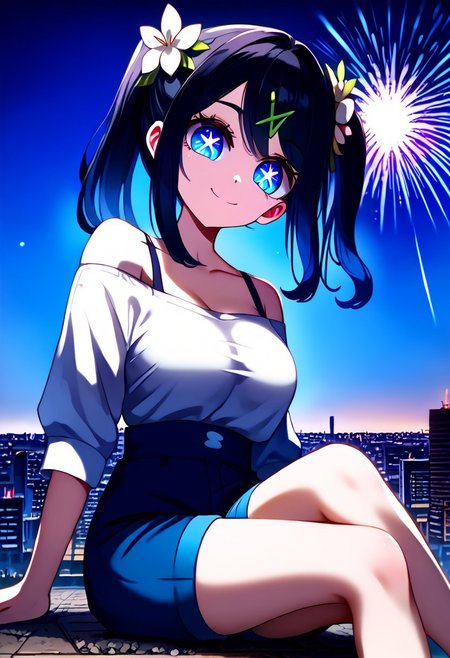 score_9, score_8_up, score_7_up,source_anime, jvdaniang, planet size, 1girl, Liko_(Pokemon), black_hair, blue_eyes, medium_hair, cowlick, hairclip, symbol-shaped pupils, eyelashes, hair flower, side ponytail, shirt, white shirt, collarbone, off shoulder, bra strap, shorts, blue shorts, large breasts, Surreal night scene, stars, sitting, city floor, sitting on city floor, bend over, crossed legs, looking down, in city, facial expression, kind, smile, head tilt, soft eyes, dreamlike atmosphere, fireworks, glowing edges, mystical, high contrast, ethereal light, side view, gl0w, glow, Extreme Size Difference, gradient eyes, beautiful detailed eyes, high gradient eyes, detailed eyes, high definition eyes, downward view, low-angle of viewer, low angle, left side position, growing even larger,