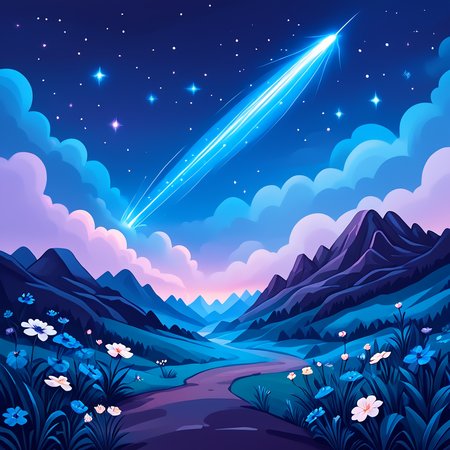 Score_9, score_8_up, score_7_up, score_6_up, BREAK  <lora:Flat_Cartoon_IllustrationPony:1> ArsMJStyle, Flat Cartoon Illustration, The image shows a cartoon landscape with a shooting star in the sky over a mountain range. The sky is filled with stars and clouds and the ground is covered with plants and flowers., no humans, sky, night, star (sky), flower, scenery, outdoors, starry sky, night sky, grass